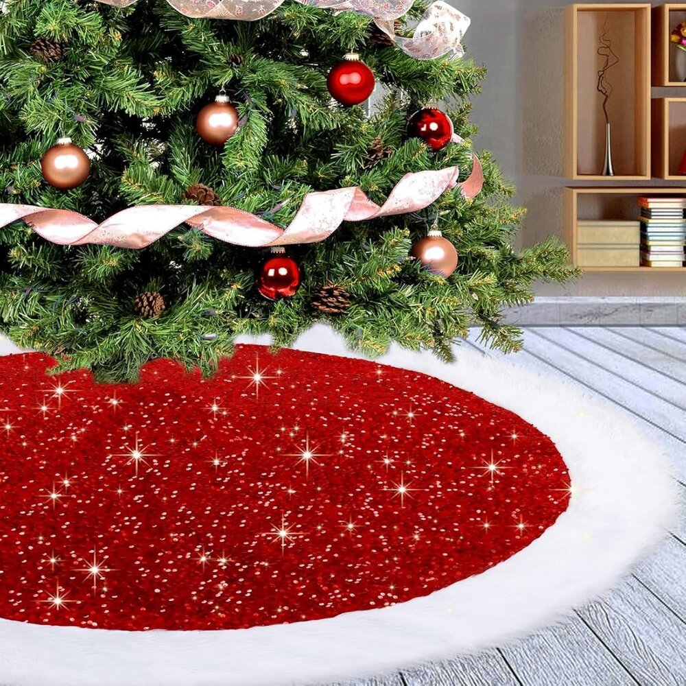 Sequin Christmas Tree Skirt 36 Inch Luxury Faux Fur Tree Skirt Plush Christmas D
